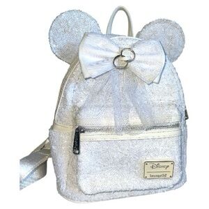 Loungefly Disney Minnie Mouse Wedding Sequin Mini‎ Backpack White Bridal Bow